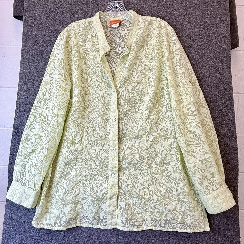 Hearts Of Palm Womens Tunic Top Sz 18 Green Burnout Roll Tab Sleeve Tropical - Picture 1 of 10